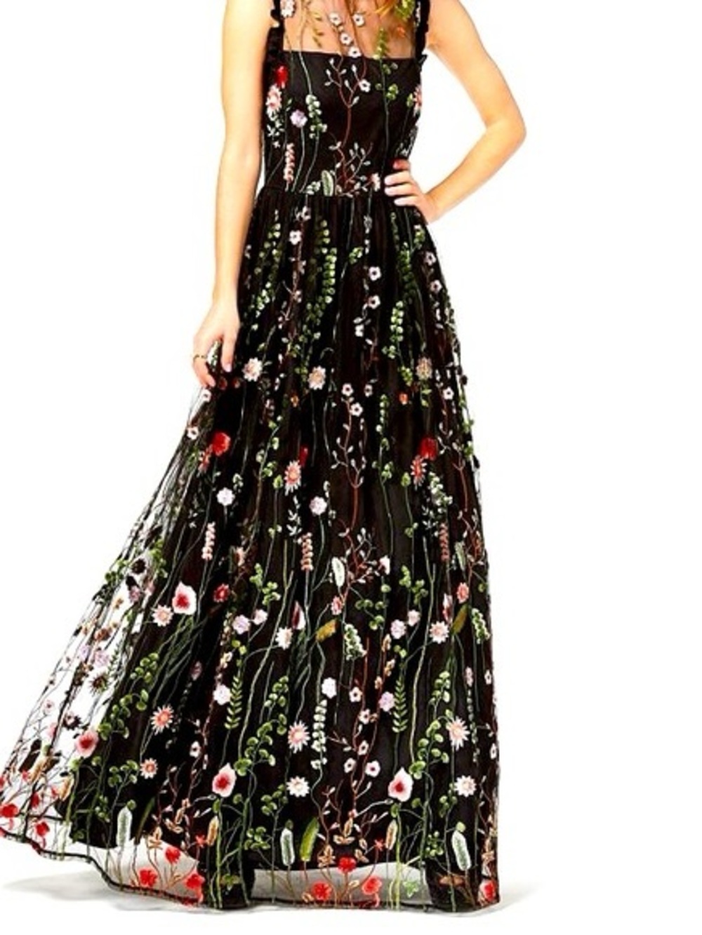 City Studio Black Maxi Dress with Multicolor Floral Embroidery